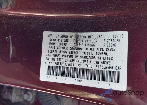 2016 Honda Accord Ex-L z USA, uszkodzony, nr VIN 1HGCR2F97GA181303